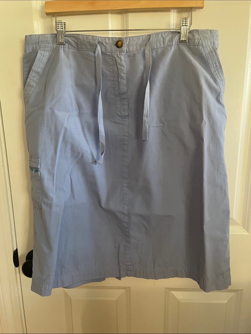 Orvis Light Blue Skirt with Maroon Label and Gold Stitching
